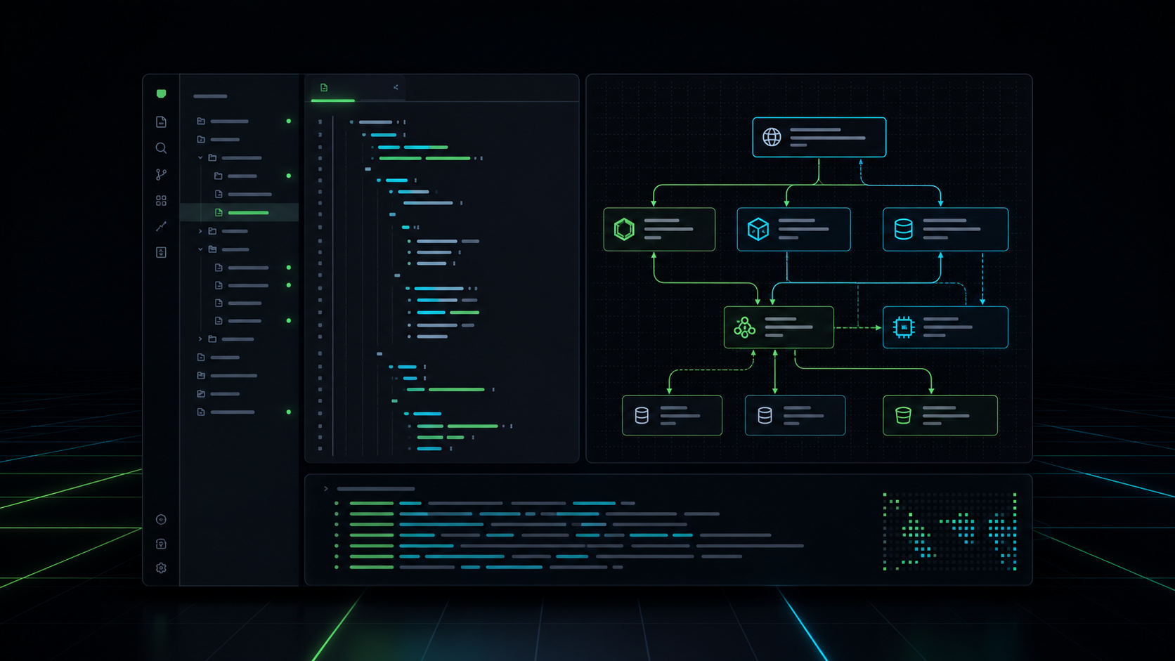 Dark developer interface showing repository files, source code, terminal output, and an architecture diagram preview for DiagramPilot.